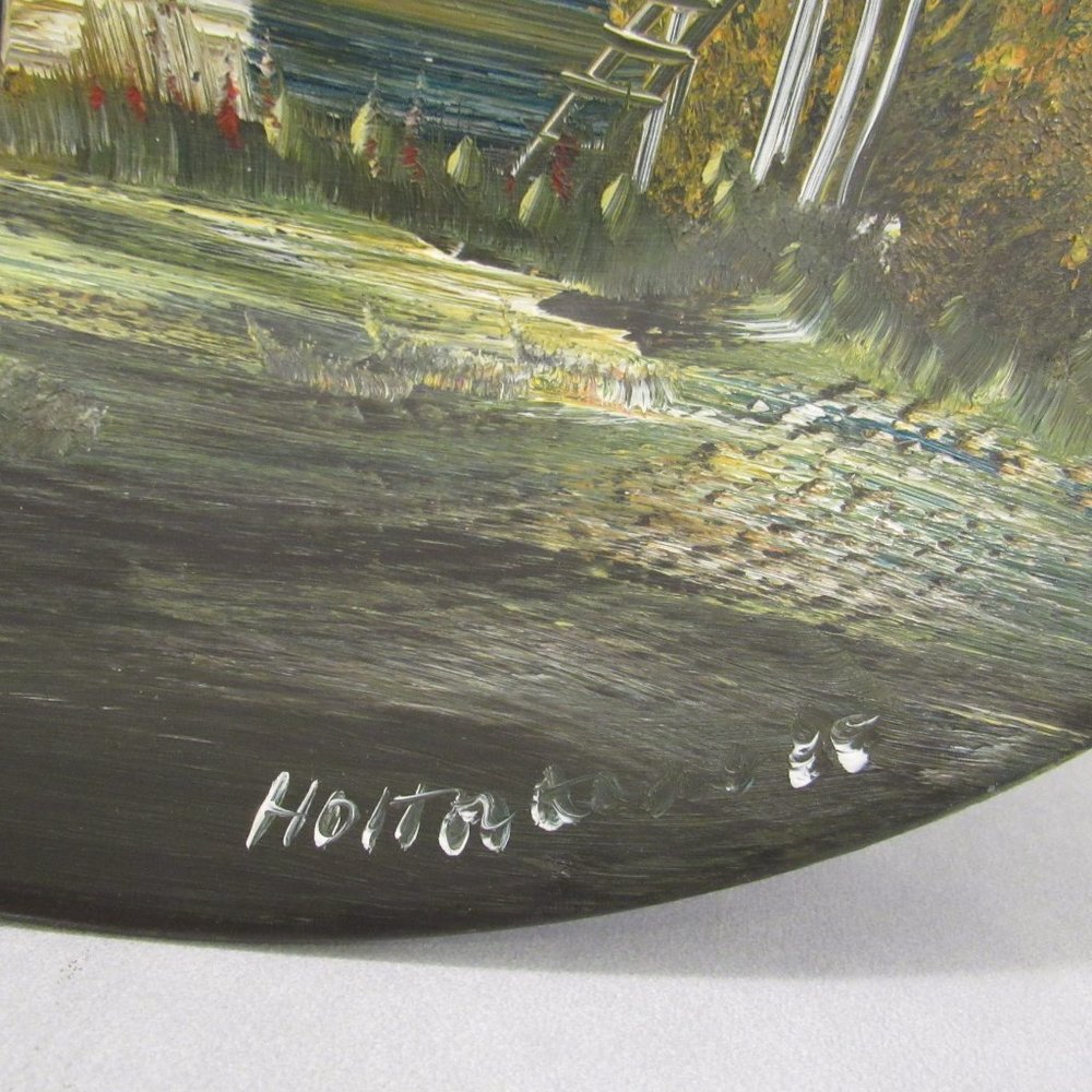 Hand Painted Metal Bowl Mountain Autumn Tree Cabin - Picture 5 of 8